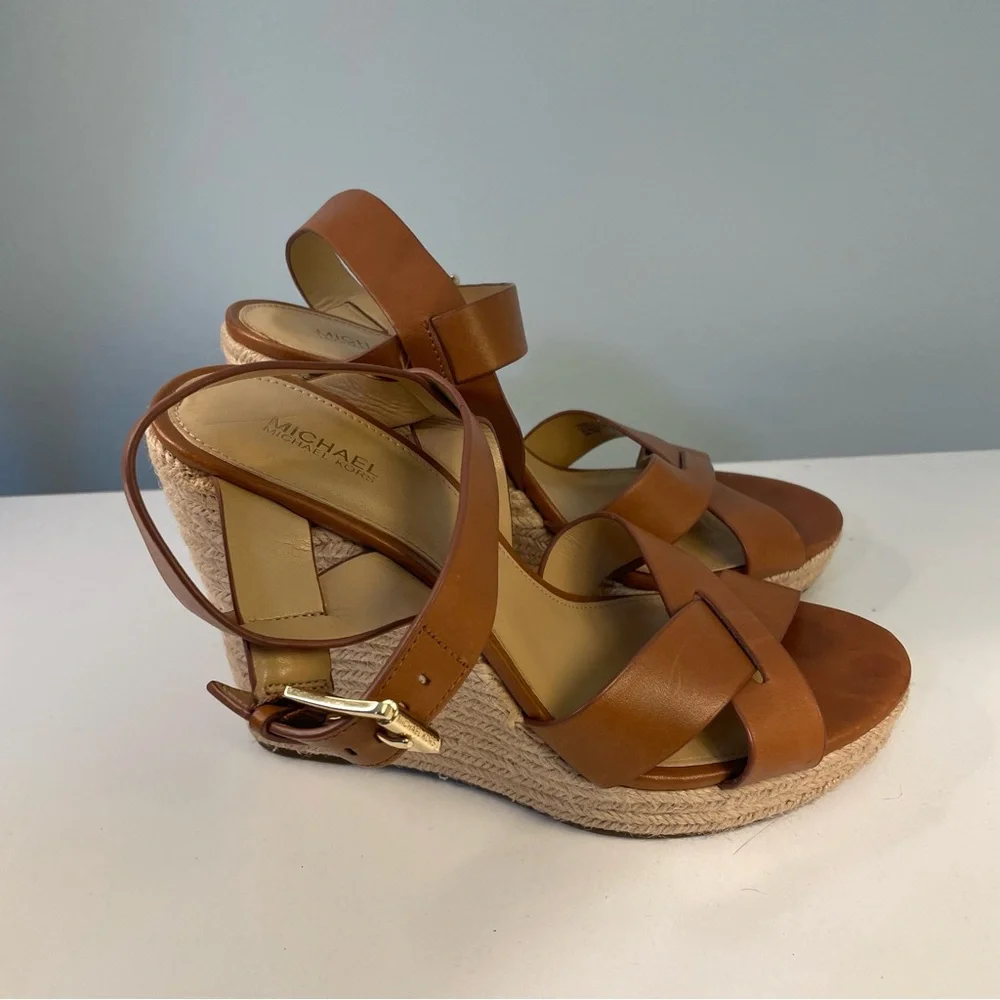 Michael Kors Tan Leather Espadrille Wedge Sandals Size 9